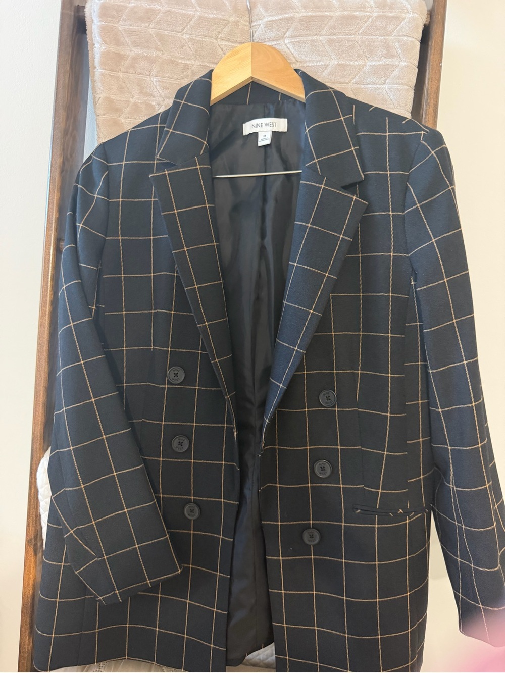 Nine West Navy Windowpane Double-Breasted Blazer